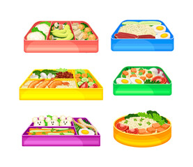 Bento Box as Japanese Single-portion Take-out or Home-packed Meal Vector Set