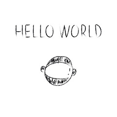 Doodle cosmos illustration in childish style. Hand drawn space card with lettering hello world, astronaut. Black and white.