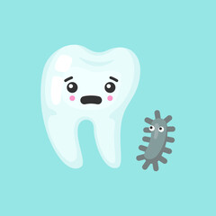 Tooth with bacteria with emotional face, cute colorful vector icon illustration