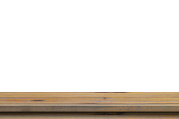 Empty old wood table on isolate white background and display montage with copy space for product. Png realistic design element.