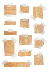 Brown paper blank sign tag label with tape. Png realistic design element.
