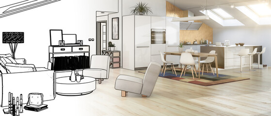Fototapeta premium Sonnige Dachwohnung im Loft- Ausbau (Entwurf) - panoramische 3D Visualisierung