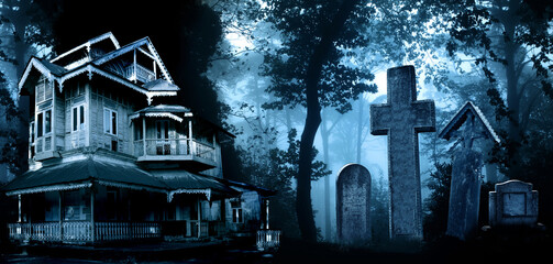 Horizontal Halloween banner with haunted house and medieval stone cross, tombstones in a cemetery...