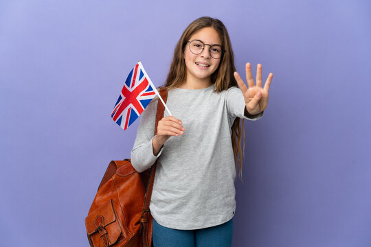 Child holding an United Kingdom flag over isolated background happy and counting four with fingers