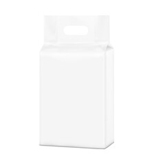 Stand bag with handle hole mockup. Vector illustration isolated on white background. Ready for your design. Suite for the presentation of diaper, wet wipes, foods, household, etc. EPS10.	