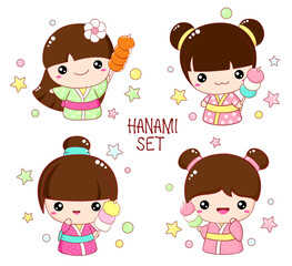 Set of cute little girls with hanami dango in kawaii style. Hanami season collection of Japanese traditional toy kokeshi doll in kimono. Vector illustration EPS8  