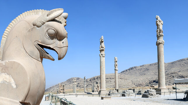 Sculpture of griffin and Columns of Apadana Palace, Persepolis,  Iran