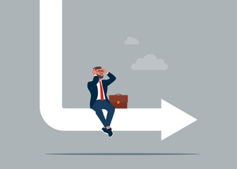 Obraz premium Hopeless business man sit on economic L shape graph and chart. Economic problem, shape long term recession. Vector illustration.