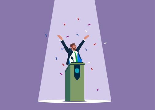 Businessman speaking in public on stage with podium, microphones, spotlight on. Confident, charisma and expression to win the audience. Vector illustration.
