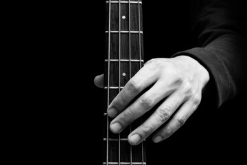 black and white close up male musician hand on bass guitar fingerboard, isolated on black. music background - 528376381