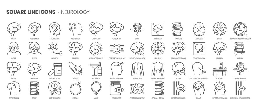 Neurology related, pixel perfect, editable stroke, up scalable square line vector icon set.