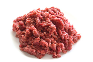 Raw minced beef or ground beef on white background.