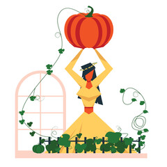girl holding big pumpkin in october