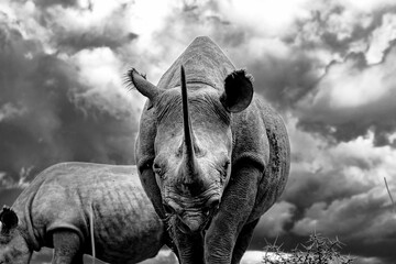 Grayscale closeup of a black rhinoceros grazing in the savanna. Diceros bicornis.