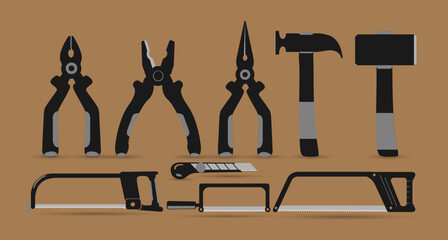 work tool icon set, pliers, knife, hammer and hacksaw, construction tool vector illustration collection