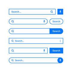 Various search bars with outline border. Internet browser engine with search box, address bar and text field. UI design, website interface element, web icons and push button. Vector illustration