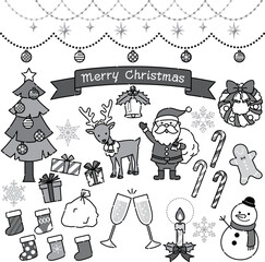 かわいいクリスマスのイラストセット　モノクロ