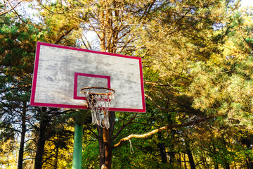 Basketball backboard and basket on the background of nature. Sports equipment in a forest area on a background of trees. Outdoor sports activities in the park area. copy space