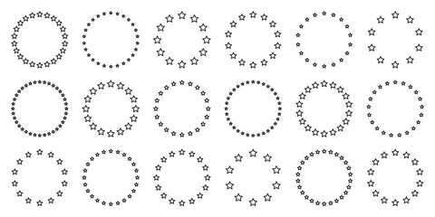 Stars of various sizes arranged in a circle. Round frame, border. Black star outline, simple symbol. Design element, ornament. Line art. Vector illustration