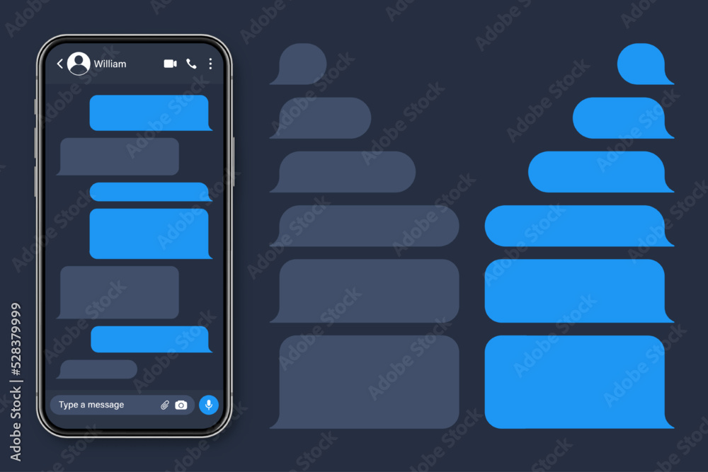 Wall mural Realistic smartphone with messaging app. Blank SMS text frame. Conversation chat screen with blue message bubbles. Social media application. Vector illustration.