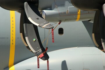 Closeup of the airplane propeller engine of the Airbus A400M Atlas plane