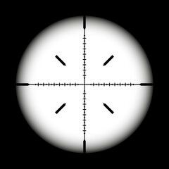 Weapon sight, sniper rifle optical scope on black background. Hunting gun viewfinder with crosshair. Aim, shooting mark symbol. Military target sign, silhouette. Game UI element. Vector illustration