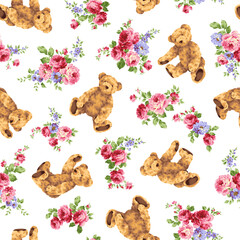 A pattern combining cute bears and beautiful roses,