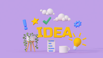 Idea lettering and light bulb 3D render illustration