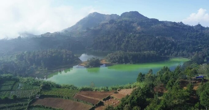 Aerial view of TELAGA WARNA Lake in Dieng Park,Central Java,Indonesia during sunny day