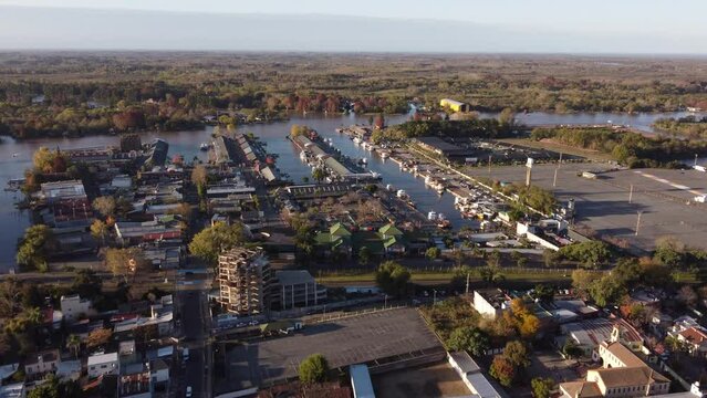 Waterfront village side Rio Tigre river Buenos Aires Argentina aerial 