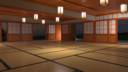 3D Illustration of a Japanese Karate Dojo at Dusk.