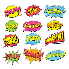 Set of colorful comic speech bubbles different shapes with halftone shadows and stars, hand drawn pop art style text frames. Comic bubble speech, word comic cartoon, expression 
