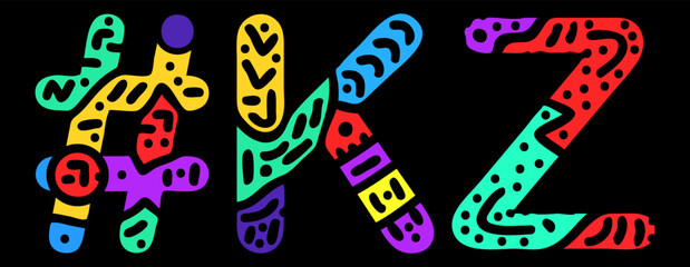 KZ Hashtag. Multicolored bright isolate curves doodle letters. Hashtag #KZ is abbreviation for the Kazakhstan for social network, web resources, mobile apps.