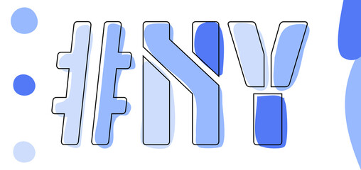 NY Hashtag. Isolate curves doodle letters. Blue colors. Hashtag #NY is abbreviation for the US American state New York for social network, web resources, mobile apps.