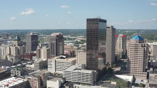 Dayton, Ohio skyline close up drone video moving left to right.