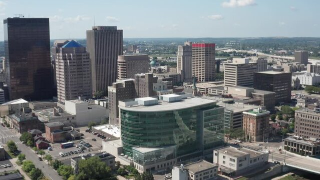 Dayton, Ohio close up skyline with drone video moving right to left.