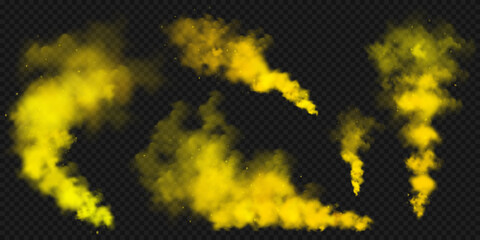 Realistic yellow colorful smoke clouds, mist effect. Colored fog on dark background. Vapor in air, steam flow. Vector illustration.