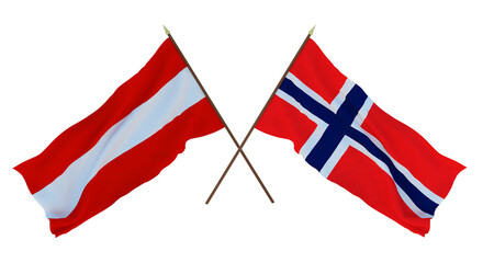 Background, 3D render for designers, illustrators. National Independence Day. Flags Austria and Norway