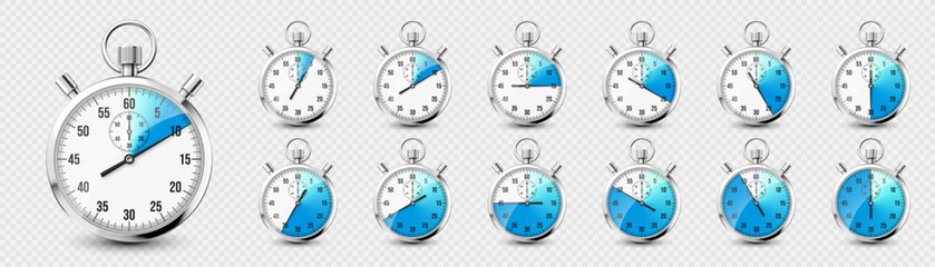 Realistic classic stopwatch icons. Shiny metal chronometer, time counter with dial. Blue countdown timer showing minutes and seconds. Time measurement for sport, start and finish. Vector illustration