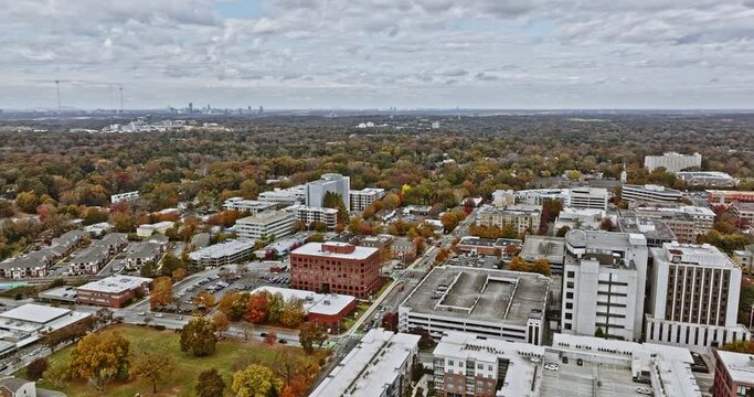 Atlanta Aerial v740 wide angle panoramic pan view capturing downtown cityscape of Decatur with beautiful autumn foliage trees during fall season - Shot with Mavic 3 Cine - November 2021