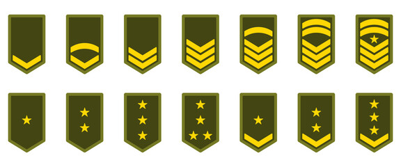 Military Badge Insignia Green Symbol. Army Rank Icon. Chevron Yellow Star and Stripes Logo. Soldier Sergeant, Major, Officer, General, Lieutenant, Colonel Emblem. Isolated Vector Illustration