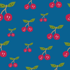 Hand drawn cherry berries and leaves seamless pattern. Hand drawn cherries wallpaper. Fruits backdrop.