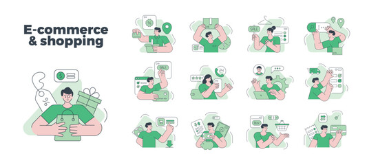 Fototapeta premium E commerce internet business marketing and shopping set vector flat illustration online purchasing