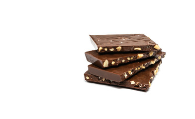 Broken Nut Chocolate Bar Stack Isolated, Milk Chocolate Pieces, Bloks Pile