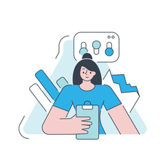 Woman manager analyzing business graph scheme profit growth presentation vector flat illustration