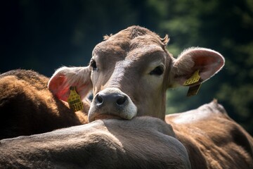 Closeup of a brown cow resting its head on another cow