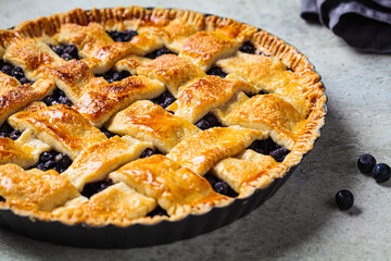 Homemade blueberry pie. Thanksgiving food concept.
