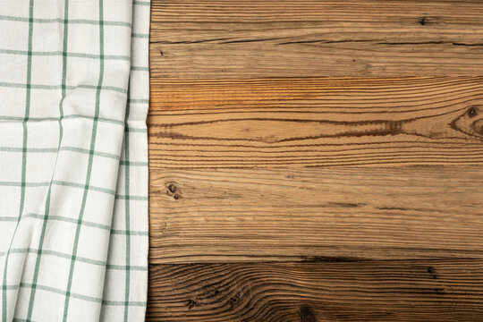 Empty Wooden Table with Checkered Tablecloth Mockup