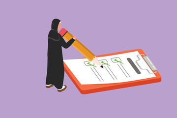Graphic flat design drawing Arab businesswoman filled out questionnaire on the floor. Woman standing near big checklist. Female with pencil writes test on clipboard. Cartoon style vector illustration