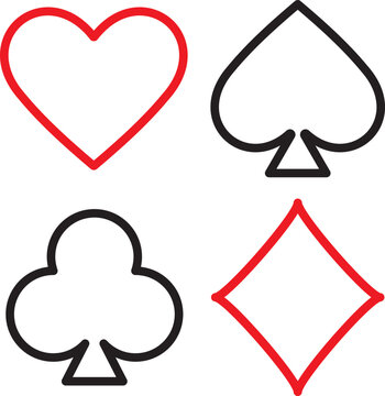 Playing card suit icons. Heart diamond club spade shapes. Gamble game cards. Vector graphic